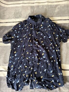 Denim & Flower Navy Floral Short Sleeve Button-Down with Blue and Yellow Blooms
